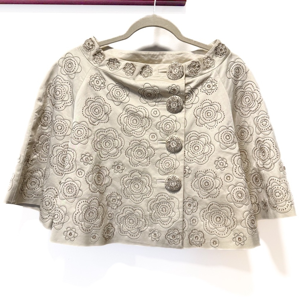 Beaded Silk Lined Caplelet Style Cropped Cream Blazer Size 6 Luxury Old Money - Picture 3 of 9